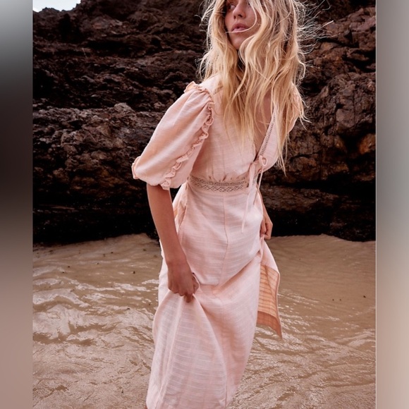 Free People Slow Pace Romantic Ruffles Femme Puff Sleeve Midi Dress S NWT - Picture 1 of 10